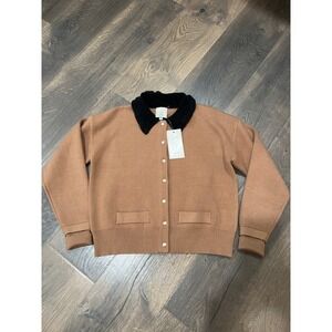 Sioni Womens Camel Brown Button Front Cardigan Sweater Black Boucle Collar Small